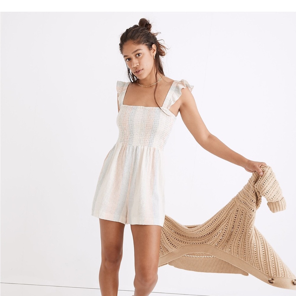 Madewell Linen-Blend Lucie Smocked Romper in Stripe Size 2